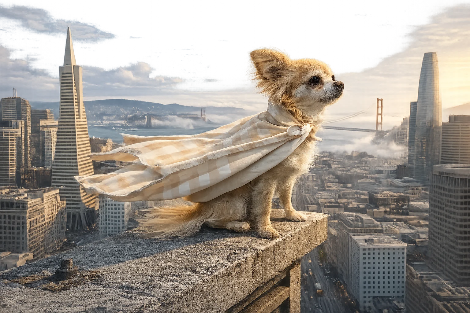 me in a cape overlooking the san francisco skyline